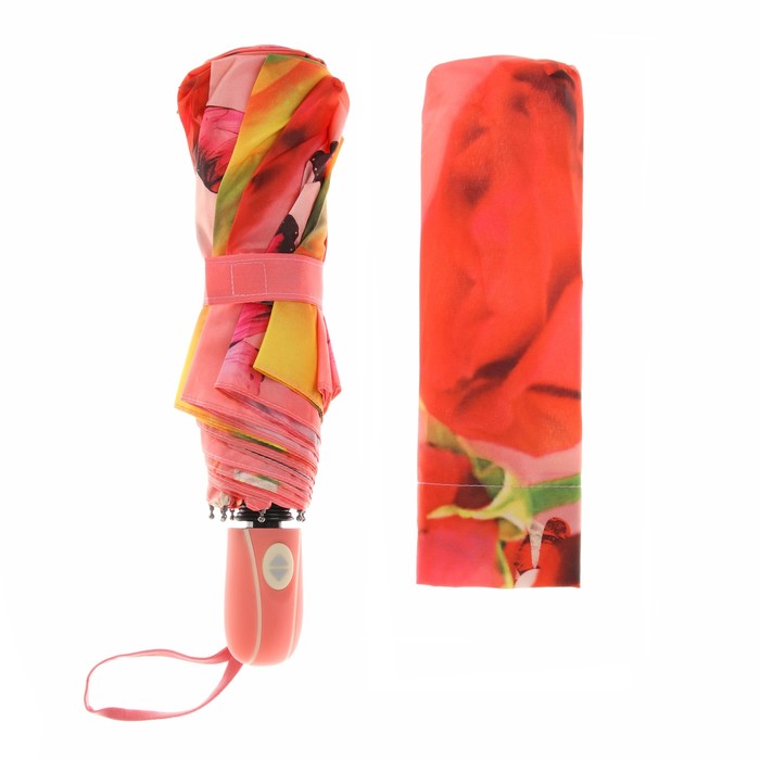 Зонт автоматический "Цветы и бабочки", R=49см, цвет розовый/красный