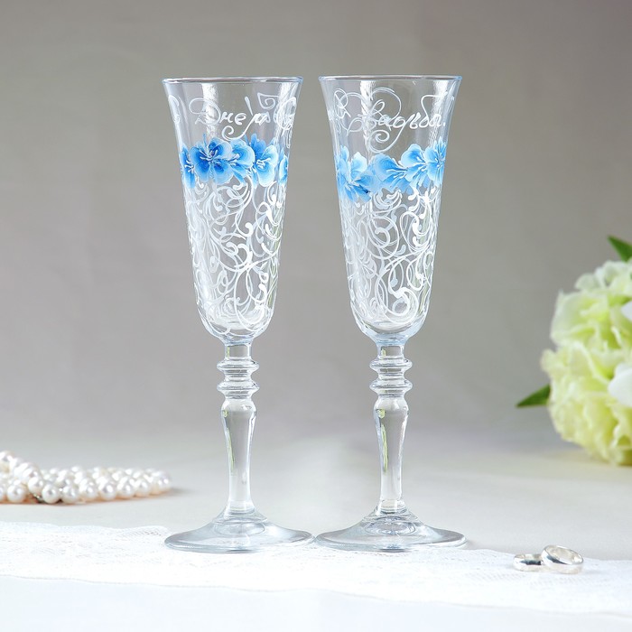 Набор свадебных бокалов 2 шт "С днём свадьбы! Анютины глазки"