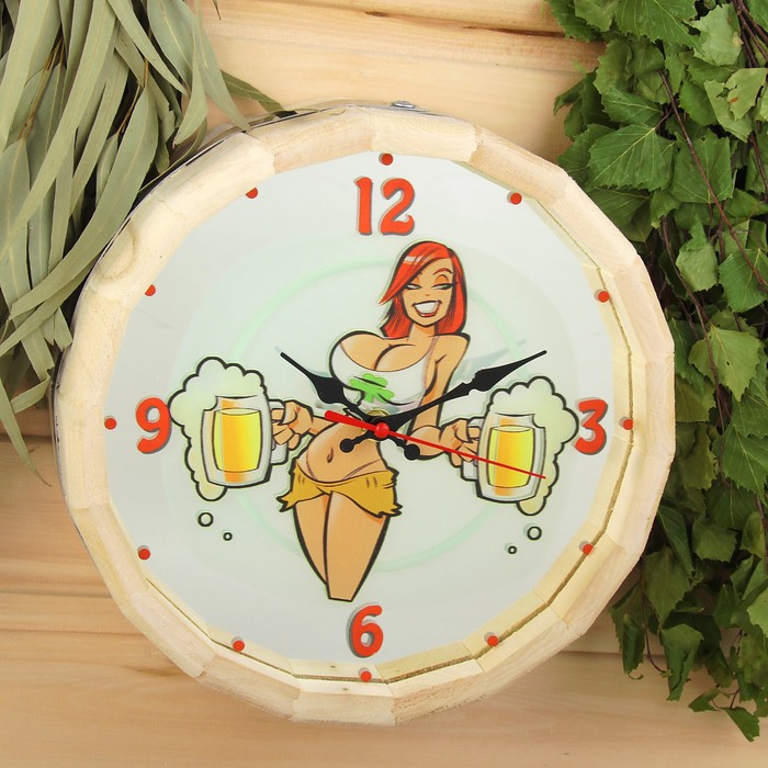 Часы банные бочонок "Добропаровъ. Время выпить пива" с зеркалом