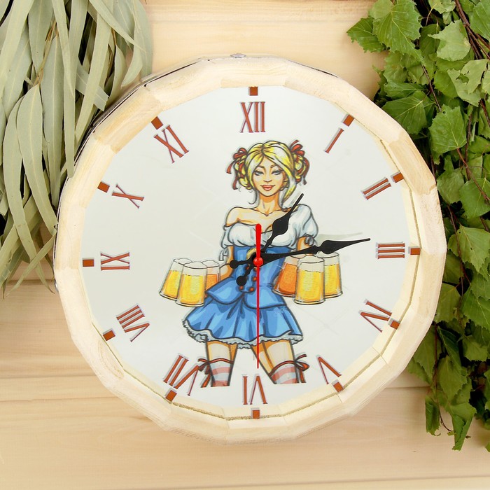 Часы банные бочонок "Добропаровъ. Пора отдыхать" с зеркалом