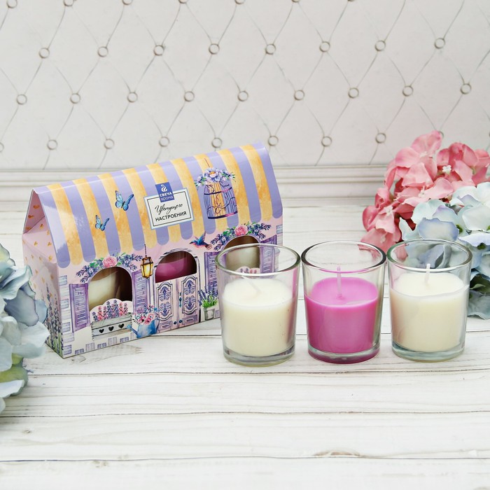Набор свечи стаканы в коробке домик "Цветущего настроения", 3 свечи, 16 х 11 см