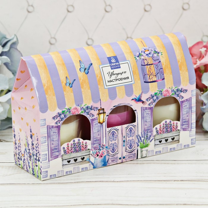 Набор свечи стаканы в коробке домик "Цветущего настроения", 3 свечи, 16 х 11 см