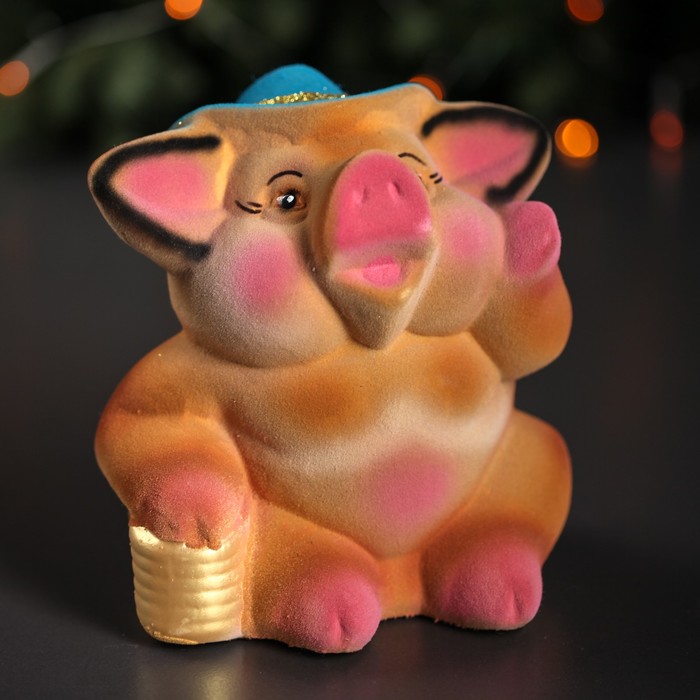 Копилка "Свинка ковбой" бежевая, флок