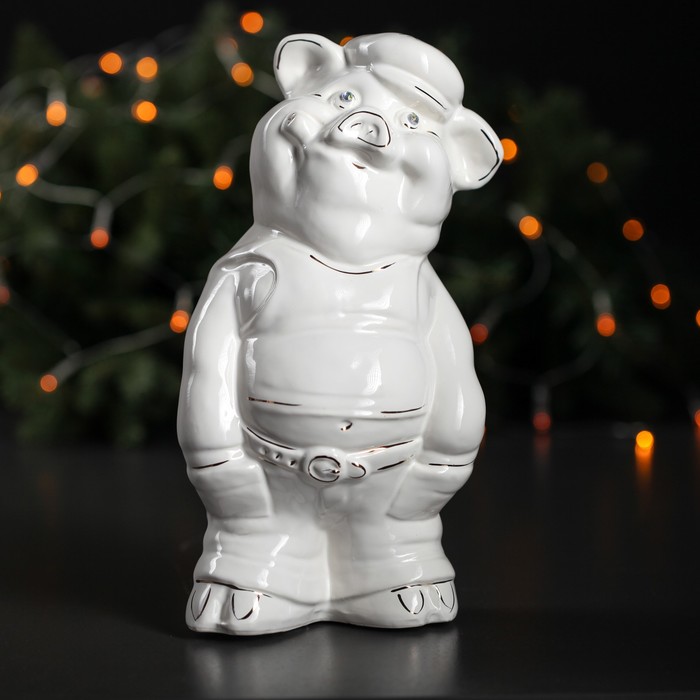 Копилка "Поросёнок с сигарой" белый глянец