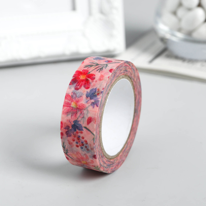 Клейкая лента декоративная бумажная "Садовые цветы" ширина 1,5 см намотка 10 метров