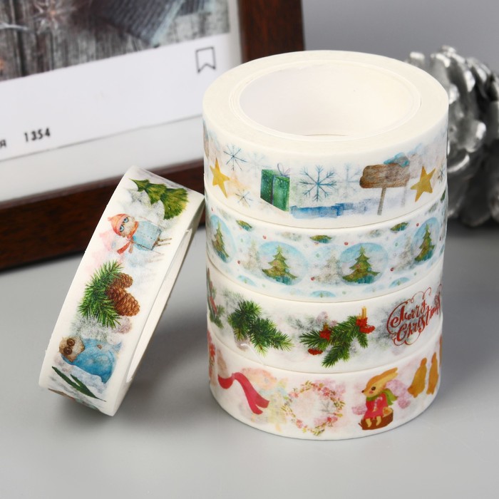 Клейкая лента декоративная бумажная "Новогодняя" ширина 1,5 см намотка 10 метров МИКС