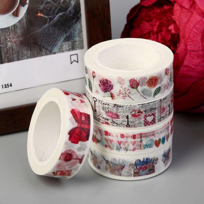 Клейкая лента декоративная бумажная "Романтика" ширина 1,5 см намотка 10 метров МИКС