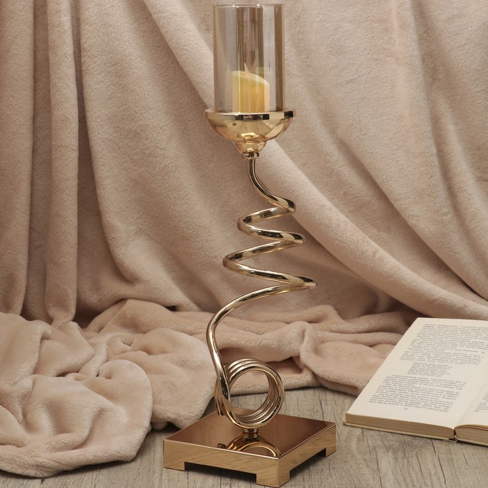 Подсвечник металл, стекло на1 свечу "Спираль" золото 44х13х13 см