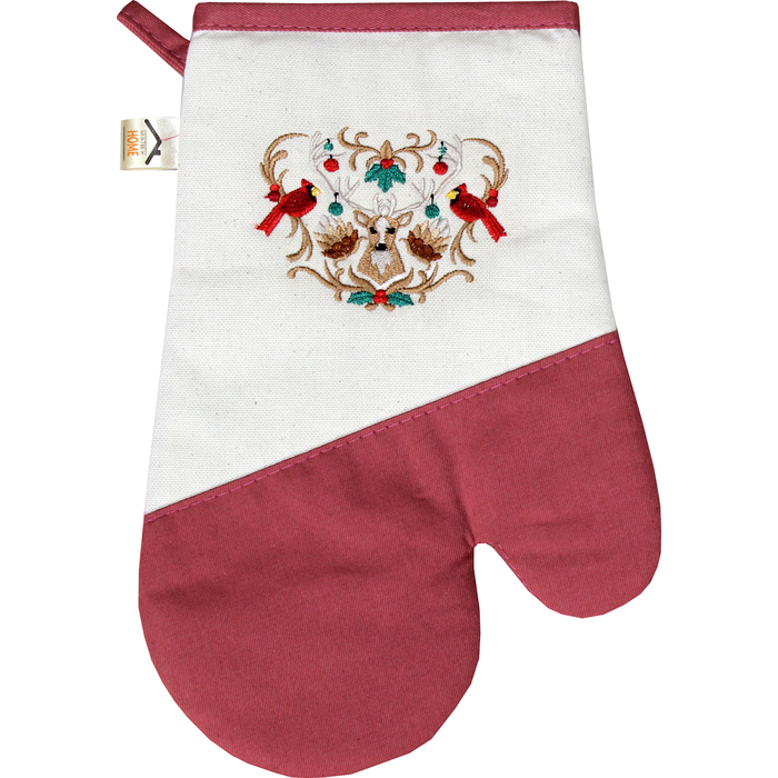 Варежка-прихватка "Олень и снегири" 30х20 см,саржа, хл 100%, 230 г/м2, терракотовый