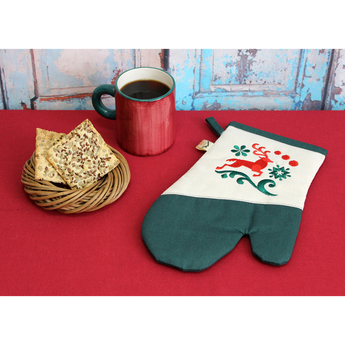 Варежка-прихватка "Рождественские олени" 30х20 см, саржа, хл 100% , 230 г/м2, изумруд