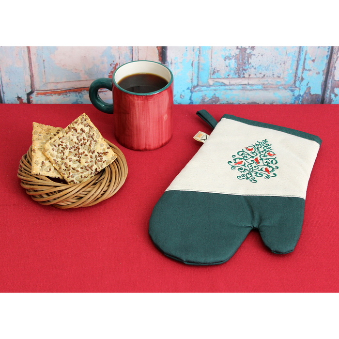 Варежка-прихватка "Снегири на елке" 30х20 см, саржа, хл 100%, 230 г/м2, изумруд