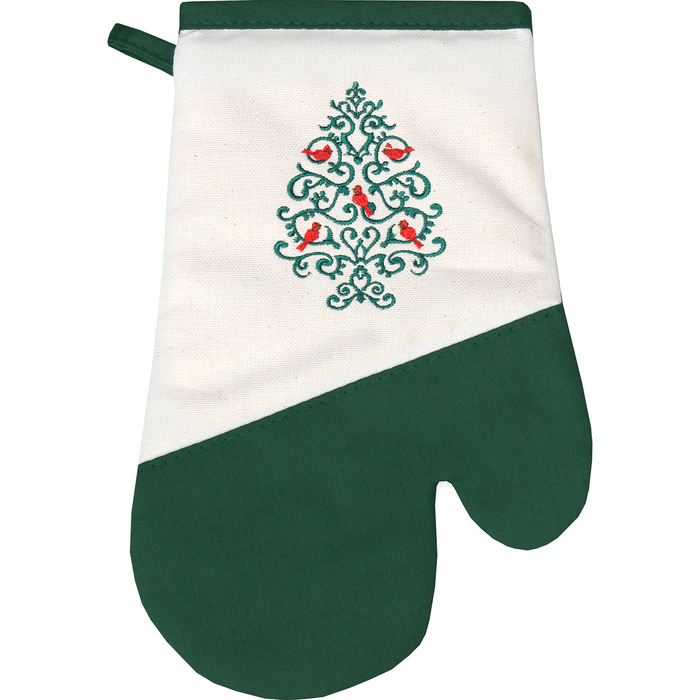 Варежка-прихватка "Снегири на елке" 30х20 см, саржа, хл 100%, 230 г/м2, изумруд
