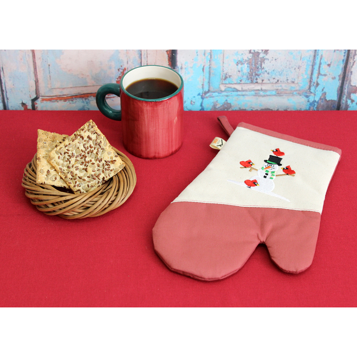 Варежка-прихватка"Снеговик и снегири" 30х20 см, саржа, хл 100%, 230 г/м2, розовый
