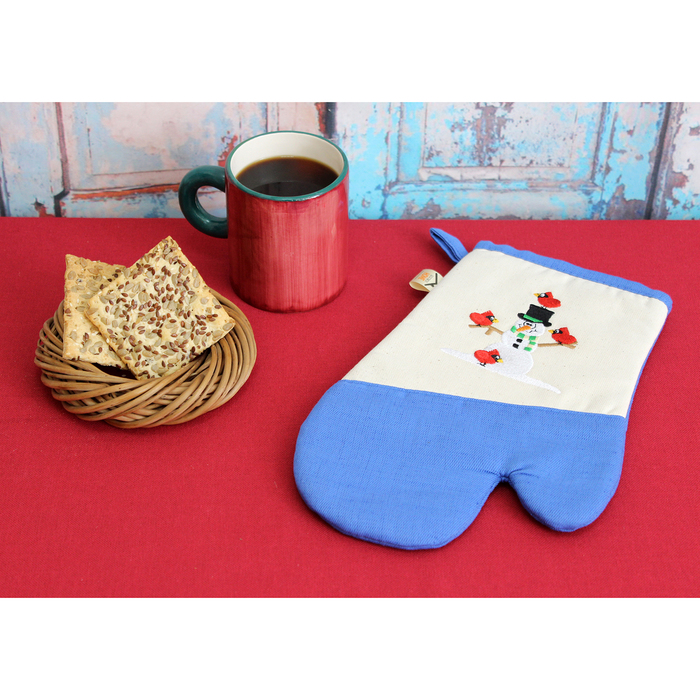Варежка-прихватка "Снеговик и снегири" 30х20 см,саржа, хл 100%, 230 г/м2, небесный