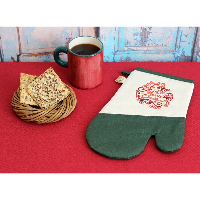Варежка-прихватка "MERRY CHRISTMAS - звёзды"30х20 см, саржа, хл 100%, 230 г/м2, изумруд