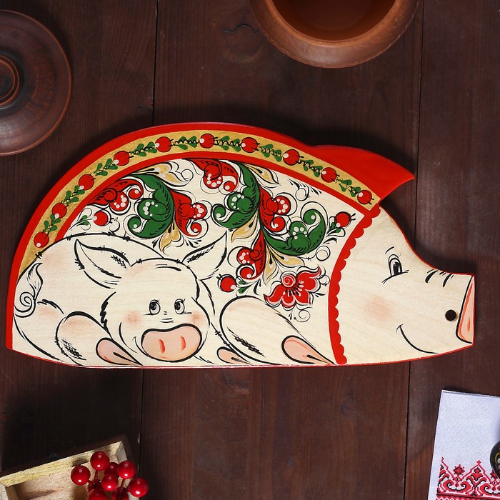 Доска разделочная «Поросёнок», 35×0,8×18 см, борецкая роспись