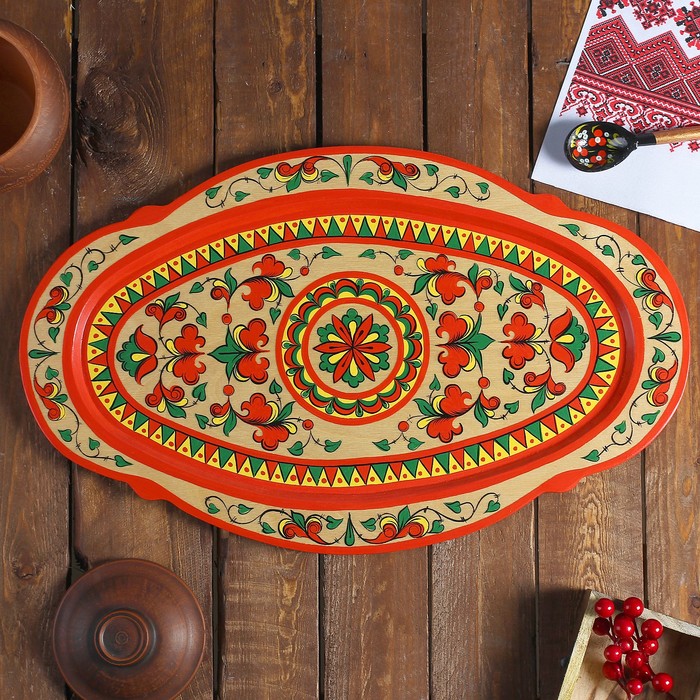 Поднос, фигурный, 29×21×1,5 см, пермогорская роспись