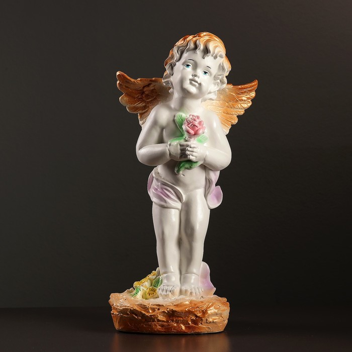 Фигура "Ангел с розой стоя" 15х22х45см бело-золотой