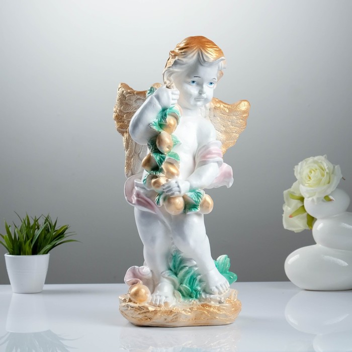 Фигура "Ангел с яблоками" 24х14х50см бело-золотой