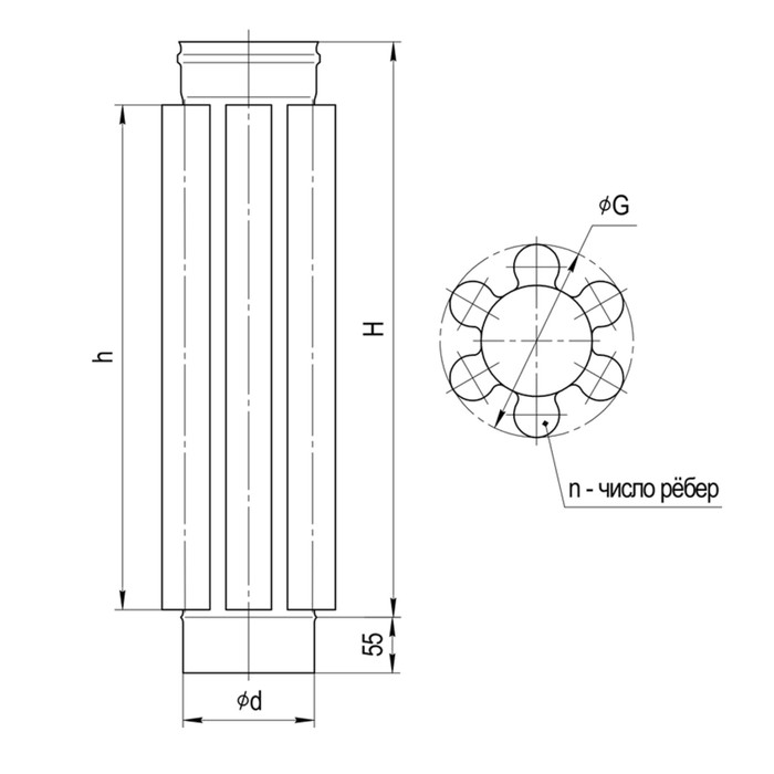 Дымоход-конвектор Феррум, нержавеющий 430/0,8 мм, d 115 мм, L=0,5 м