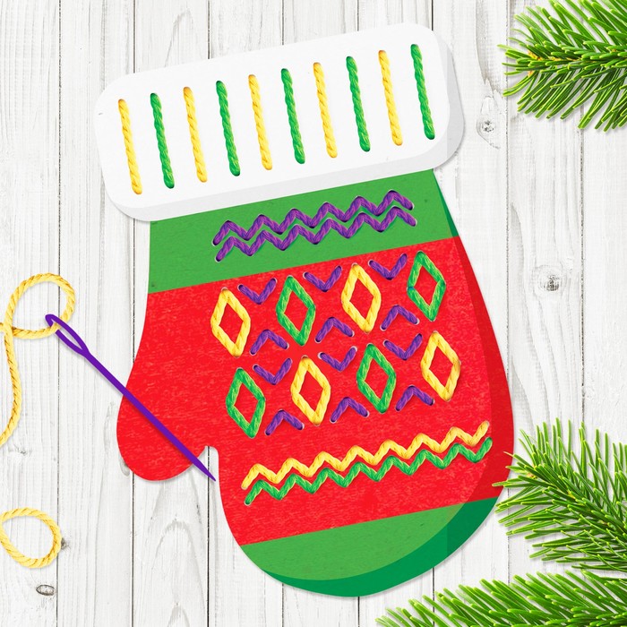 Новый год, вышивка пряжей &quot;Варежка&quot; на картоне с пластиковой иглой