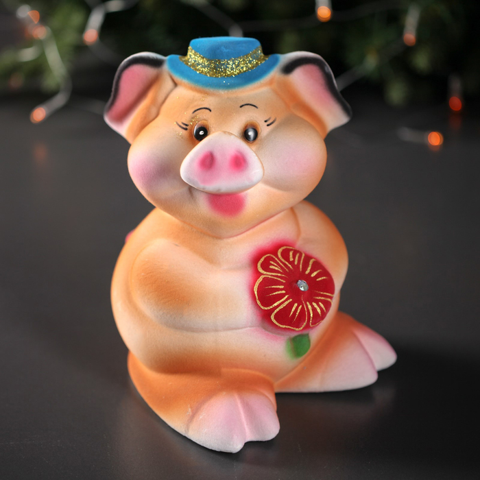 Копилка "Свинка с цветком" розовая, флок