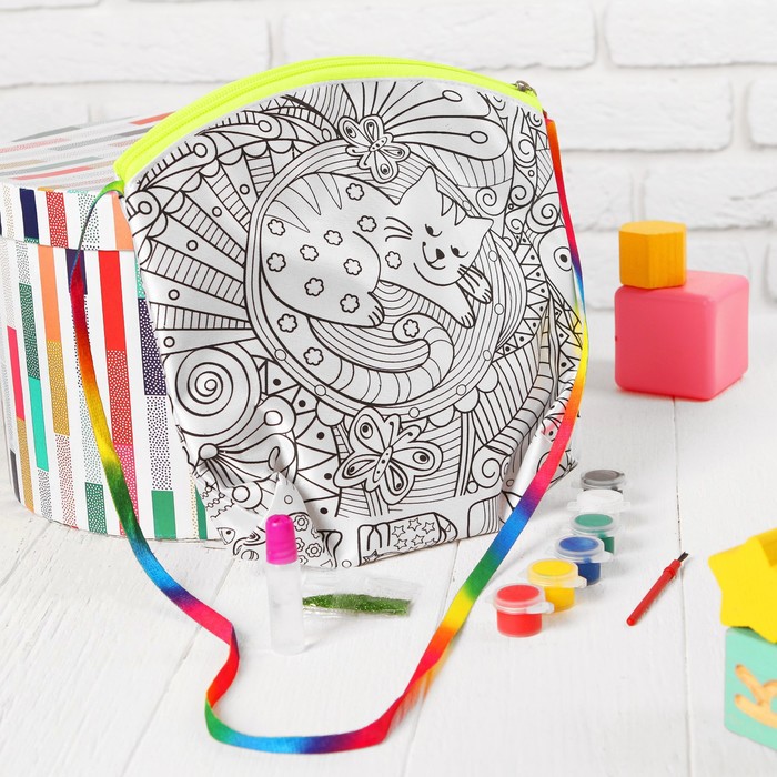 Сумка с рисунком под роспись "Котик" + краски 6 цветов, блестки, клей, кисточка