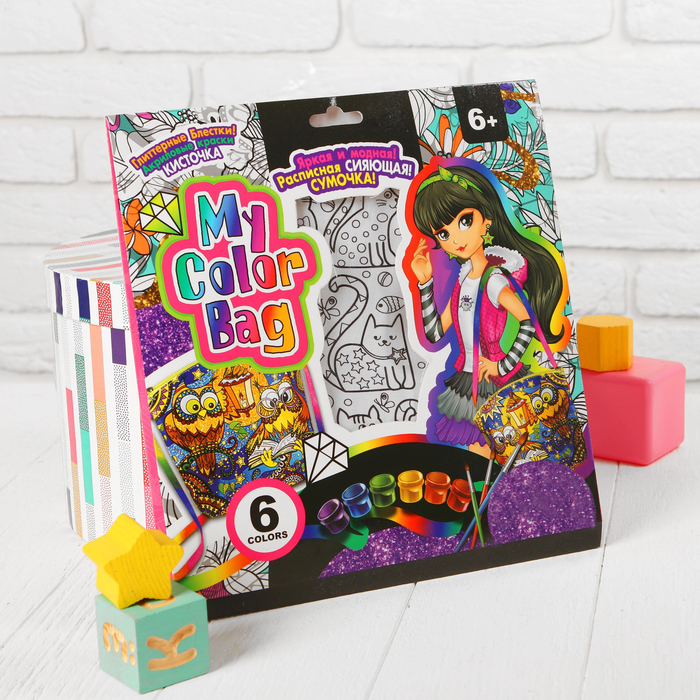 Сумка с рисунком под роспись "Котик" + краски 6 цветов, блестки, клей, кисточка