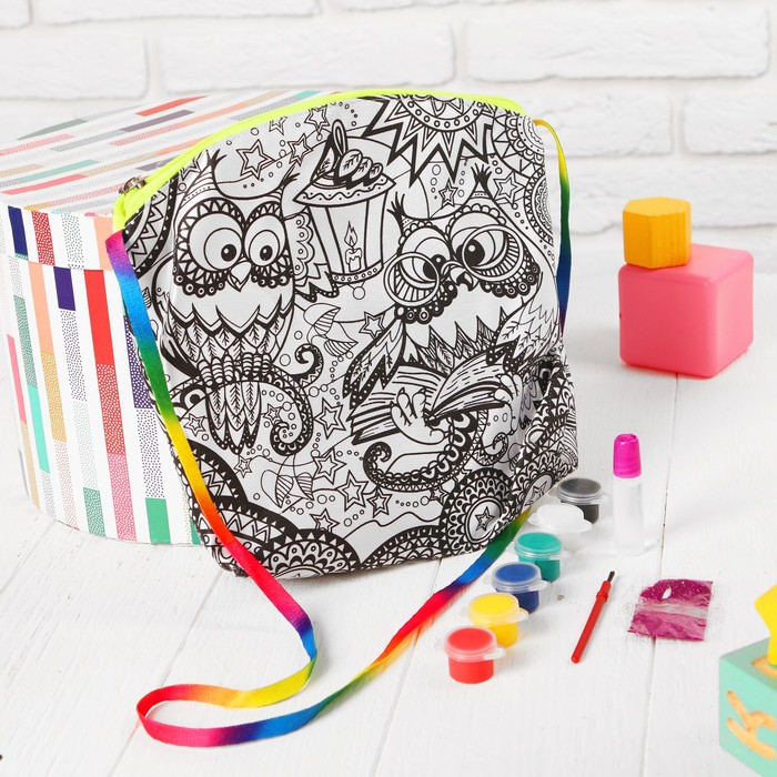 Сумка с рисунком под роспись "Совушки" + краски 6 цветов, блестки, клей, кисточка