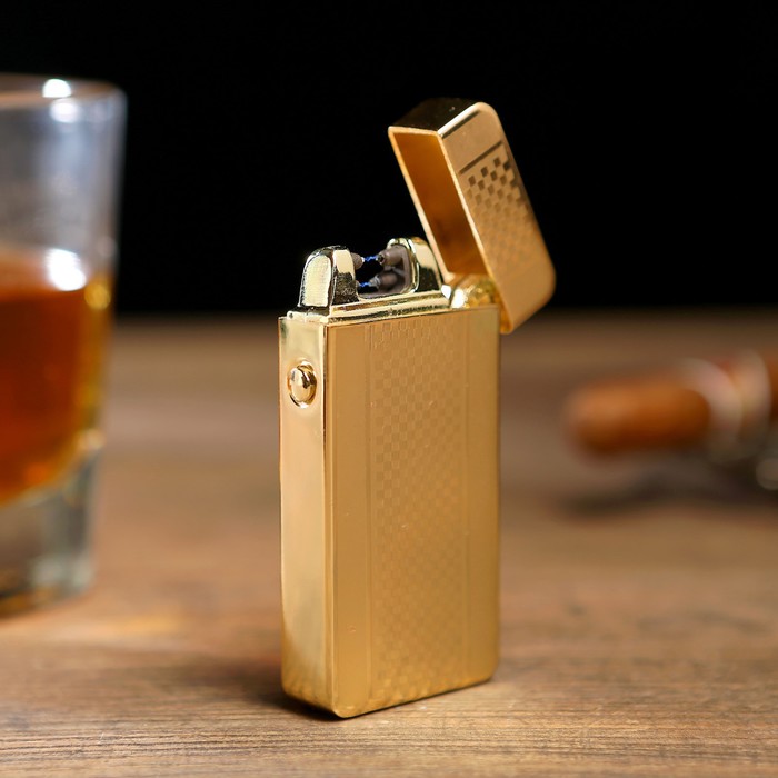 Зажигалка электронная, дуговая, USB в комп-те, золотая в маленькую шашечку, 7.5х12 см