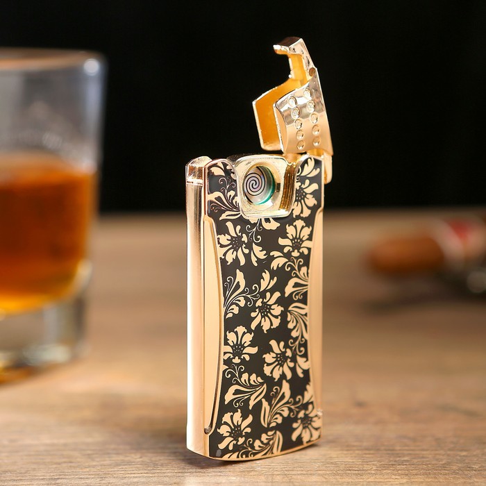 Зажигалка электронная «Цветочный орнамент», спираль, от USB, золотисто-чёрная, 1х3.5х7 см