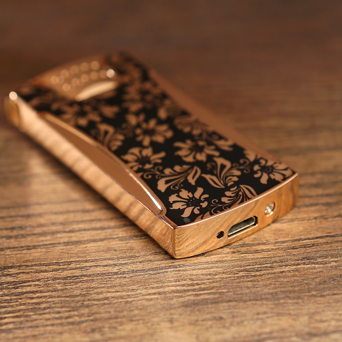 Зажигалка электронная «Цветочный орнамент», спираль, от USB, золотисто-чёрная, 1х3.5х7 см