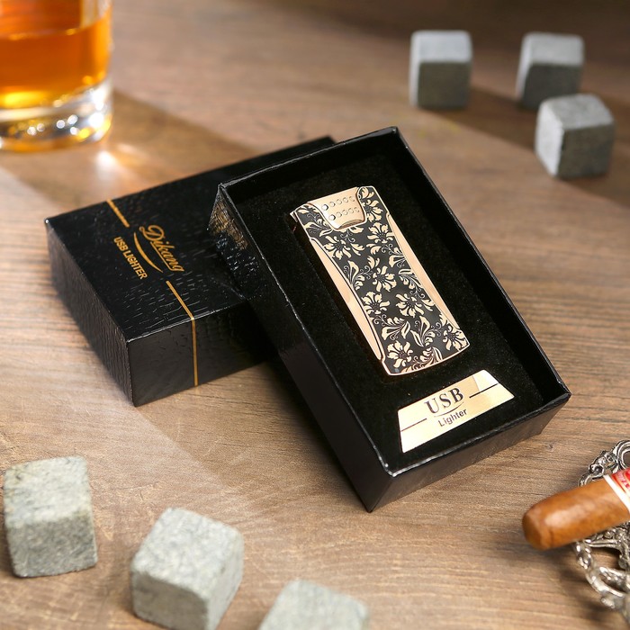 Зажигалка электронная «Цветочный орнамент», спираль, от USB, золотисто-чёрная, 1х3.5х7 см