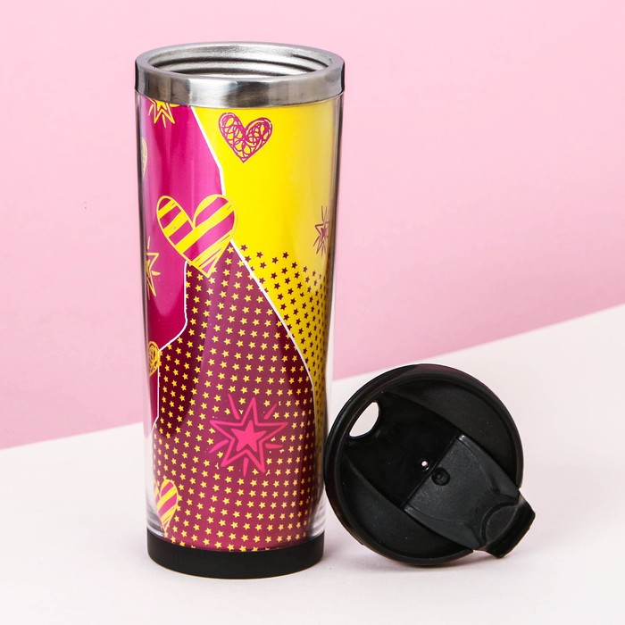 Термостакан, металлическая колба, сменная вставка "Будь как котик", 350 мл