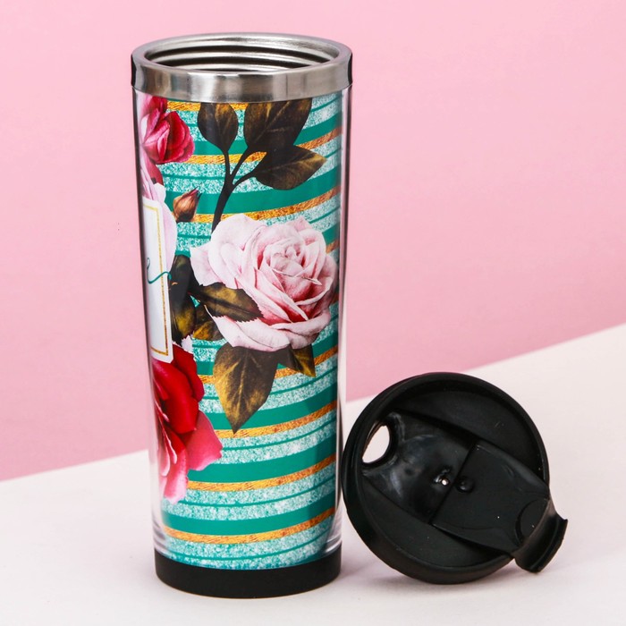 Термостакан, металлическая колба, сменная вставка "Счастье ждет тебя", 350 мл