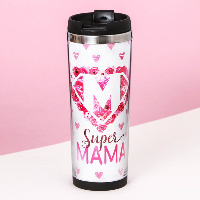 Термостакан, металлическая колба, сменная вставка "Super мама", 350 мл