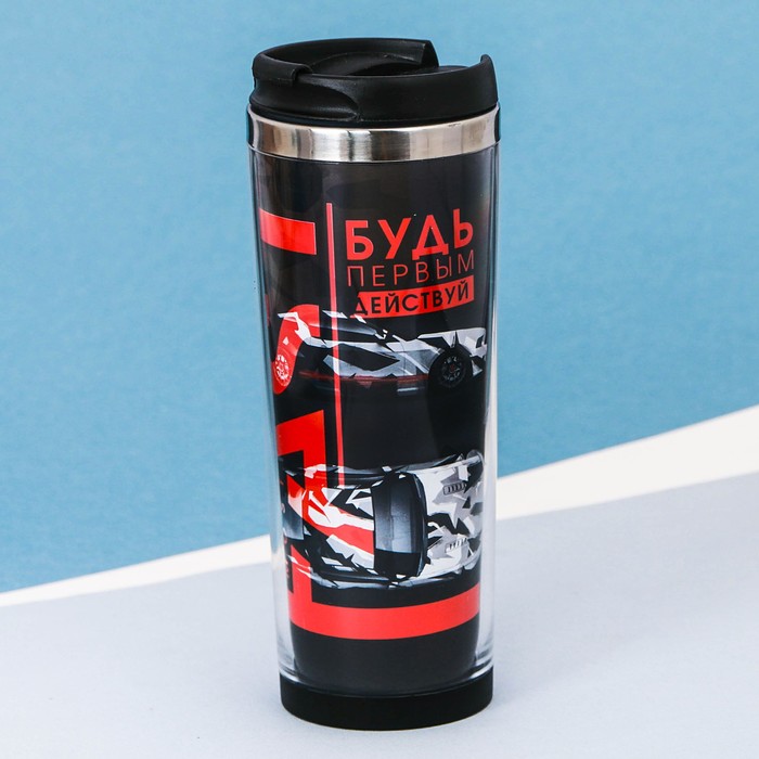 Термостакан, металлическая колба, сменная вставка "Будь первым", 350 мл