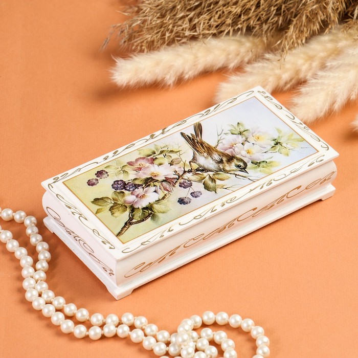 Шкатулка - купюрница «Птица на ветке», белая, 8,5×17 см, лаковая миниатюра