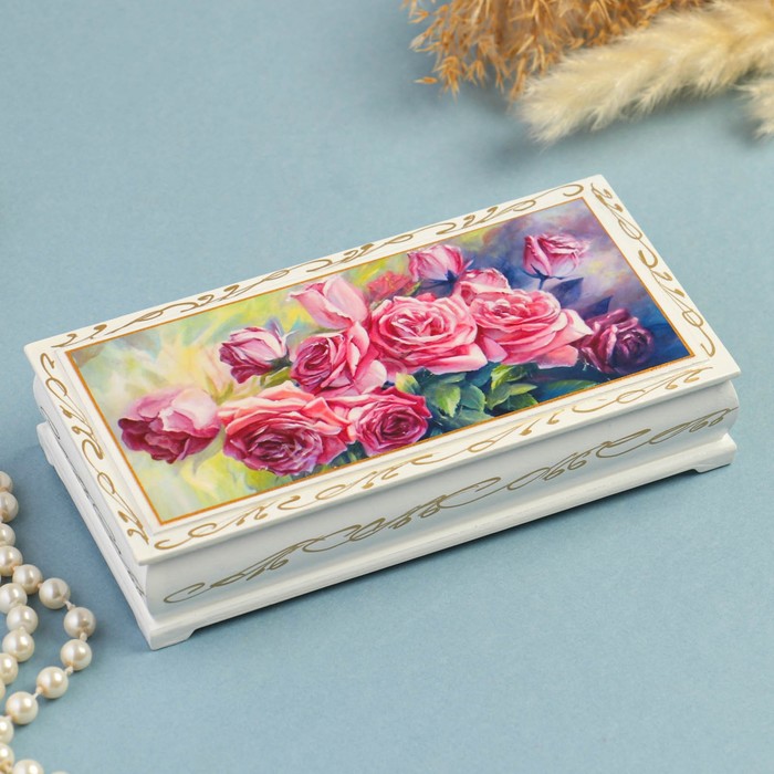 Шкатулка - купюрница «Розы», белая, 8,5×17 см, лаковая миниатюра шкатулка купюрница ландыши 8 5×17 см лаковая миниатюра