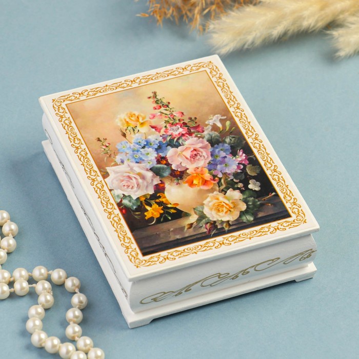 Шкатулка «Букет цветов в вазе», белая, 10×14 см, лаковая миниатюра