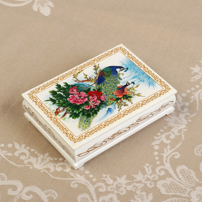 Шкатулка «Павлины», белая, 10×14 см, лаковая миниатюра