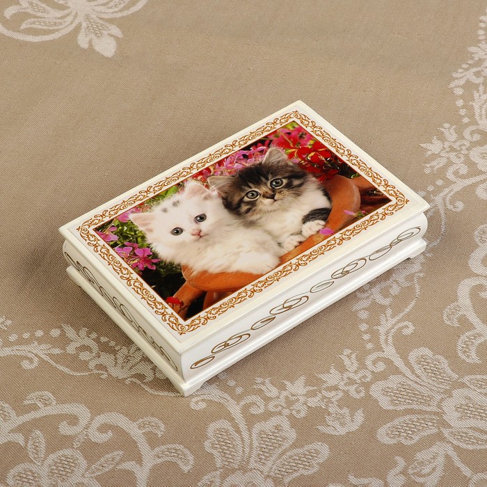 Шкатулка «Котята в вазе», белая, 11×16 см, лаковая миниатюра