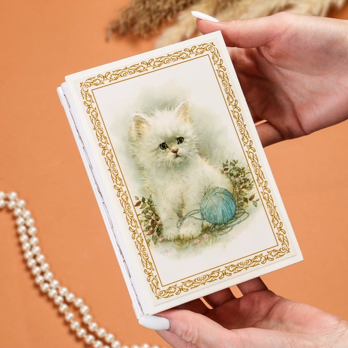 Шкатулка «Котёнок с клубком», белая, 11×16 см, лаковая миниатюра