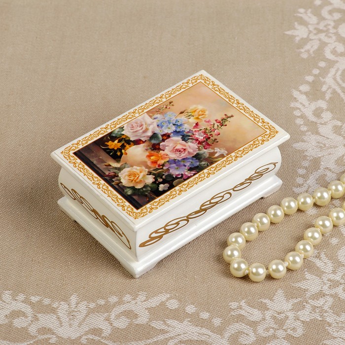 Шкатулка «Букет цветов в вазе», белая, 6×9 см, лаковая миниатюра