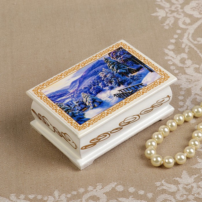 Шкатулка «Зимняя деревня», белая, 6×9 см, лаковая миниатюра