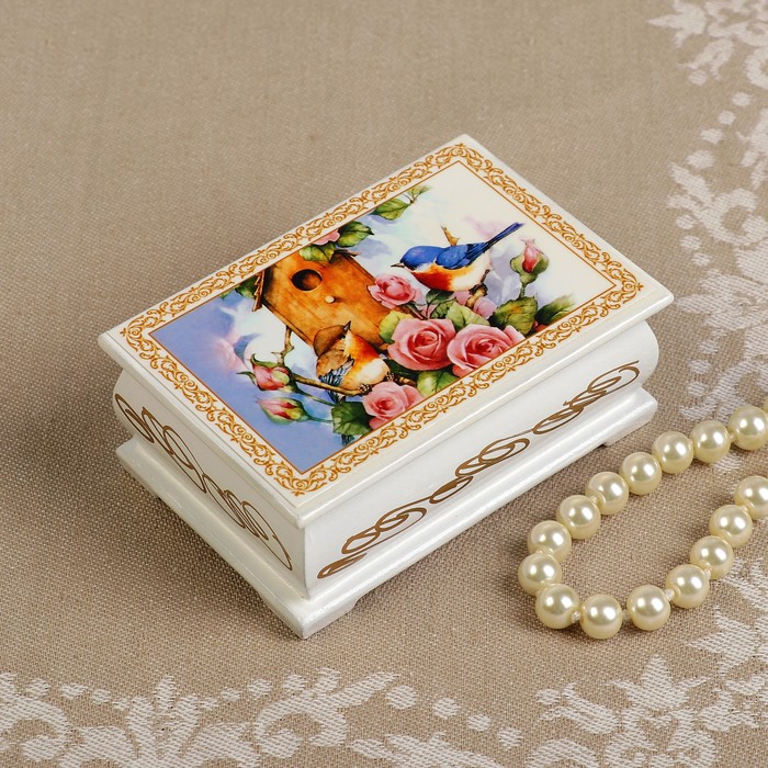 Шкатулка «Птички у скворечника», белая, 6×9 см, лаковая миниатюра