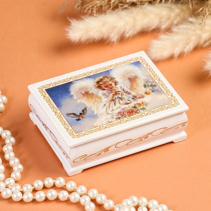 Шкатулка «Ангелок с птичками», белая, 8×10,5 см, лаковая миниатюра шкатулка тюльпаны белая 8×10 5 см лаковая миниатюра