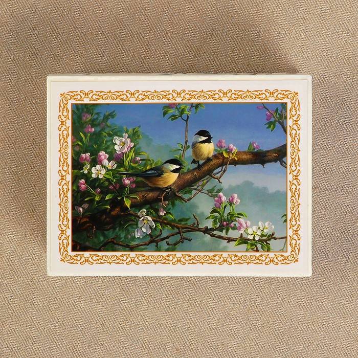 Шкатулка «Синички на ветке», белая, 8×10,5 см, лаковая миниатюра