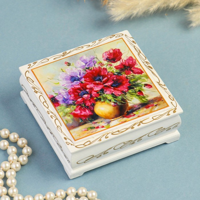 Шкатулка «Букет цветов в вазе», белая, 10×10 см, лаковая миниатюра шкатулка букет цветов в вазе белая 10×14 см лаковая миниатюра