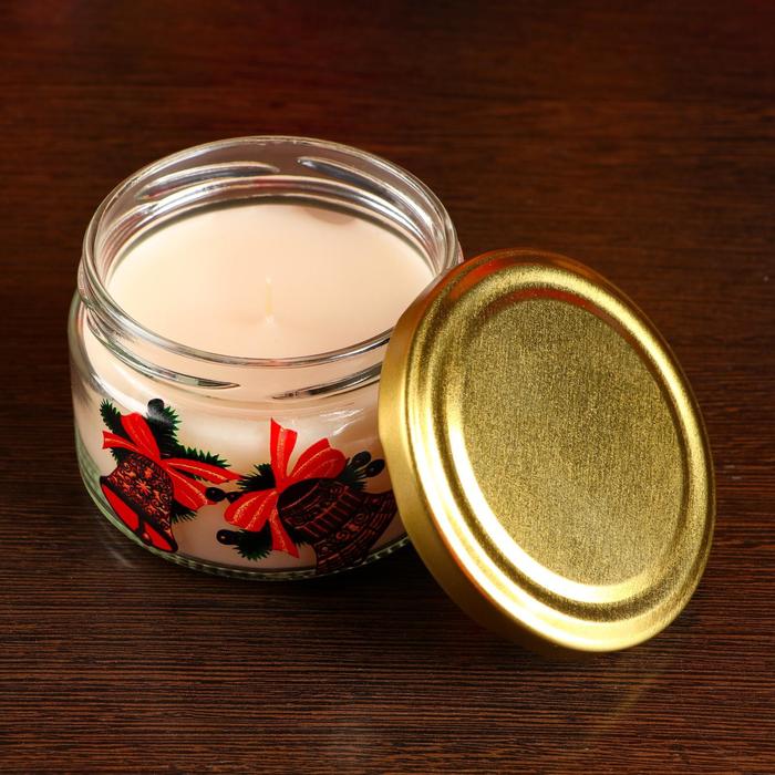 Свеча парафиновая в баночке "Колокольчики" с деколью, белая, 9,8х6,5х8,5см